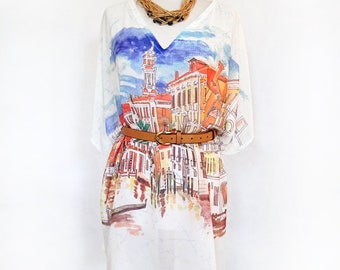 Caftan, Caftan, Tunique, Poncho, Blouse indélébile imprimé avec le Grand Canal de Venise et gondole