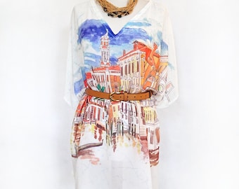 Kaftan, Caftan, Tunic, Poncho, Blouse indelible printed with the Grand Canal in Venice and gondola