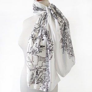 Handmade ink sketch of Fira Santorini, Scarf, Foulard, Neckwear, Indelible Printed