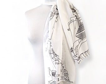 Handmade ink sketch of Oia Santorini, Scarf, Foulard, Neckwear, Indelible Printed