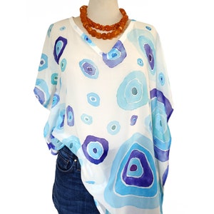 Kaftan, Caftan, Tunic, Poncho, Blouse indelible printed with Τurquoise-Blue Evil Eyes, Greek Eye, Nazar Amulet