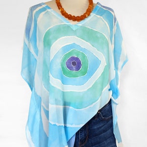Kaftan, Caftan, Tunic, Poncho, Blouse indelible printed with Evil Eye, Turquoise Blue