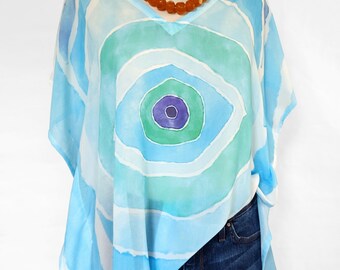 Kaftan, Caftan, Tunic, Poncho, Blouse indelible printed with Evil Eye, Turquoise Blue