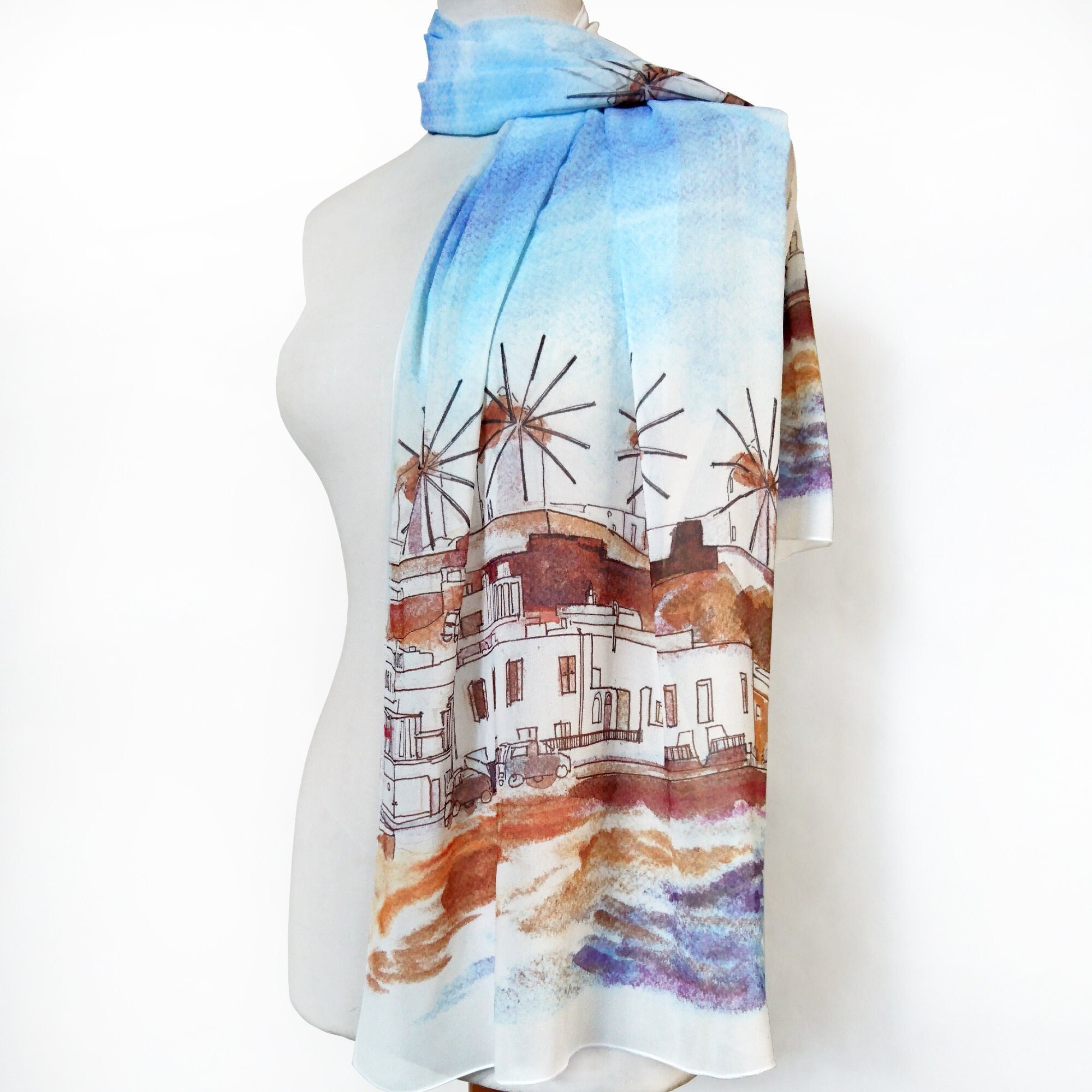 Windmills, Chora, Mykonos, Cyclades, Aegean, Greece, Scarf, Foulard, Neckwear, Indelible Printed