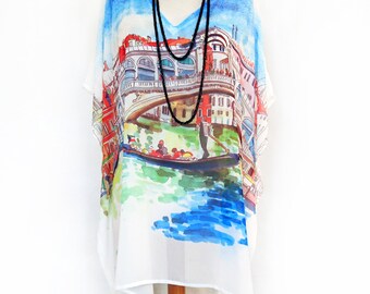 Kaftan, Caftan, Tunic, Poncho, Blouse indelible printed with Venice Rialto Bridge