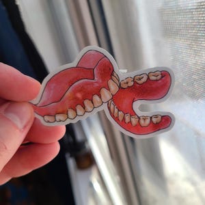 May include: A sticker of a pair of pink dentures with white teeth. The dentures are open and the teeth are visible.