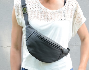 Leather fanny pack with metal zippers,Fanny Pack leather, Duck Canvas Bag, Festival Bag, Hands Free Bag, Sac banane en cuir noir, Belt Bag