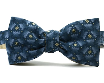 Omkeerbare New year's Bow tie, Kerstmis Bow tie, strikje met sneeuwvlokken, blauw strikje, blauw en beige bowtie, dubbelzijdig strikje, verstelbaar