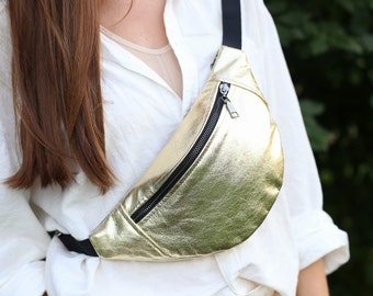 Gold eco-leather fanny pack,Gold fannie pack,Duck Canvas Bag,Gürteltasche,Festival Bag,Travel Bag,Hands Free Bag,Red hip bag,Fanny pack