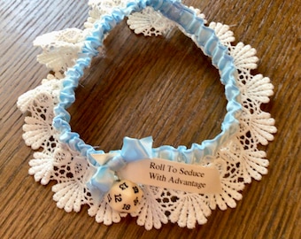 Blue RPG or Dungeons and Dragons wedding garter, "Roll to Seduce with Advantage" // d20 dice