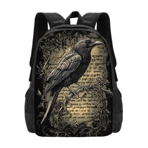 May include: Black backpack featuring a detailed illustration of a raven perched on a branch, set against a backdrop of aged parchment with script. The raven is rendered in shades of gray and black, with intricate feather details.