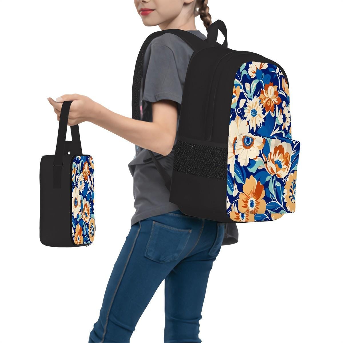 Quilted Floral Backpack Set with Lunch Bag and Pencil Pouch for Women 3 Piece Backpack Set, Floral Print Nylon Bag Bundle with  main image 2