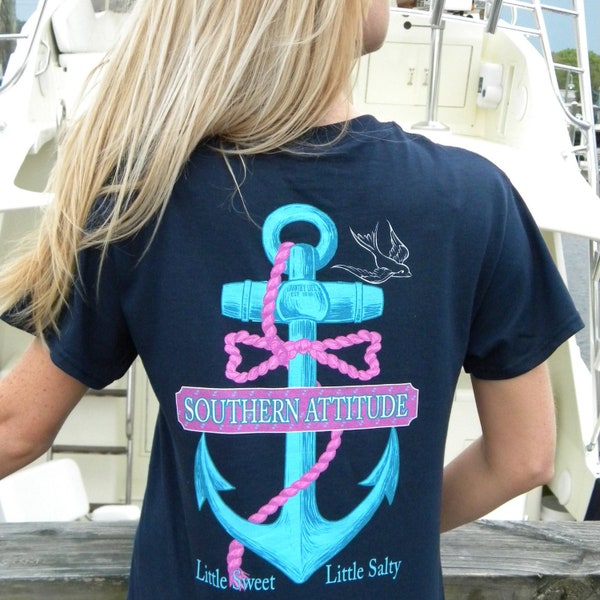 Southern Attitude Salty Navy Blue Anchor Little Sweet Little Salty Short Sleeve Unisex T Shirt