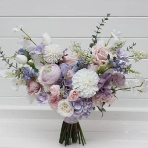 Spring summer wedding Lilac white blush pink bridal bouquet Faux blooms Pastel wildflower wedding bouquet