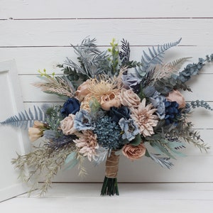 Boho bouquet  Beige  dahlia dusty navy blue flowers Bridal bouquet Faux bouquet Fall wedding  Silk flowers Boho wedding-size 18 inch