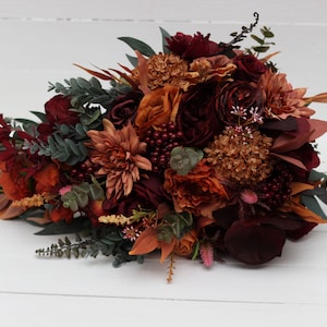 Cascading bouquet Rust burgundy cinnamon orange flowers Bridal bouquet Faux bouquet Fall wedding  Boho wedding Faux blooms