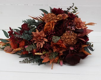 2-5 days to USA Cascading bouquet Rust burgundy cinnamon orange flowers Bridal bouquet Faux bouquet Fall wedding   Silk flowers-0033