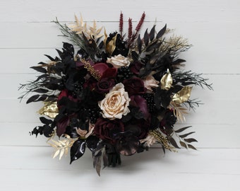 Deep purple black gold beige flowers Fall bridal bouquet Faux bouquet Fall wedding Halloween wedding Silk flowers Boho wedding-size 17 inch