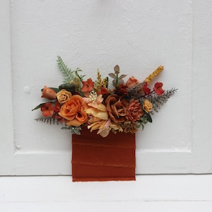 Pocket boutonniere Rust orange flowers Fiance Groom Groomsmen buttonhole Mother wrist corsage Wedding accessories Boho wedding
