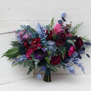 Deep purple teal magenta blue bouquet Bridal flowers Faux bouquet Fall wedding Wedding silk flowers Jewel-tone wedding