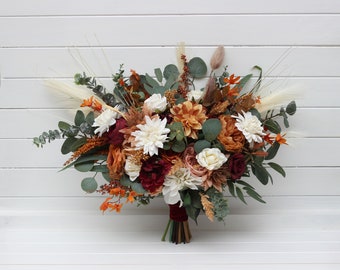 Cinnamon ivory burgundy orange flowers Boho dahlia bouquet Pampas grass bouquet  Bridal bouquet Faux bouquet Fall wedding Boho wedding