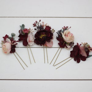 Set of 5 hair pins Burgundy blush pink Fall wedding Hair accessories Bridal flowers Flower hair pins Floral hair pins  Hairpiece Bridesmaid