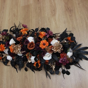 Purple black rust gold arch arrangement Halloween wedding Boho wedding flowers Faux flowers wedding arrangement Floral wedding arch image 4