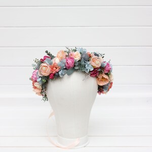 Spring summer wedding Magenta peach coral dusty blue flowers Flower crown Flower girl crown Wedding flowers Bridal flower crown image 5