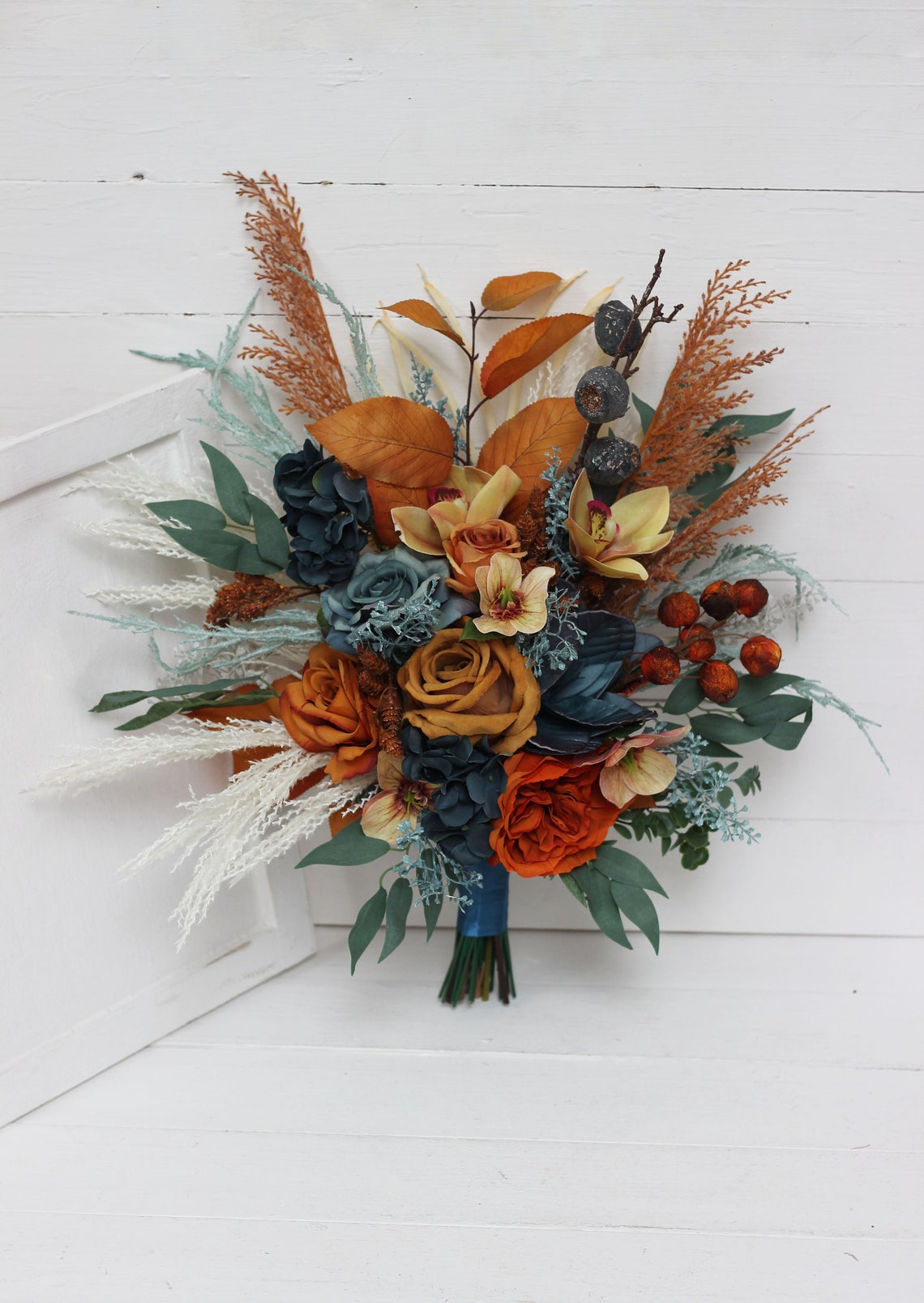 Dark teal rust bouquet Navy blue orange flowers Bridal bouquet Bridal bouquet