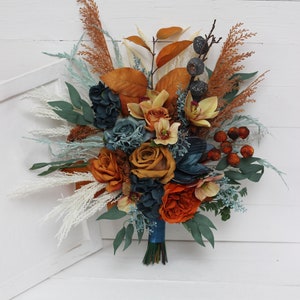 Dark teal rust bouquet Navy blue orange flowers Bridal bouquet Faux bouquet Fall wedding  Silk flowers Boho wedding