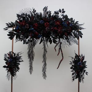 Gohic wedding arrangement Halloween wedding  Burgundy black blue purple flowers Flower arch top arrangement Faux flowers  Flower archway