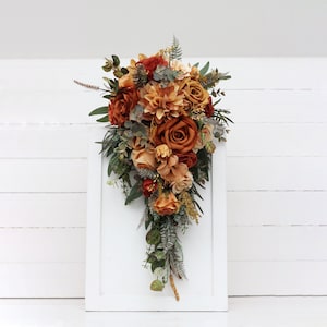 Cascading bouquet Fall  wedding bouquet Rust orange gold Dahlia rose bouquet Faux bouquet Wedding flowers Boho wedding bouquet