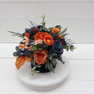 Navy blue orange centerpiece Fall wedding Boho wedding Table centerpiece Home floral decor Flowers in box