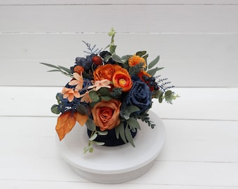 Navy blue orange centerpiece Fall wedding Boho wedding Table centerpiece Home floral decor Flowers in box