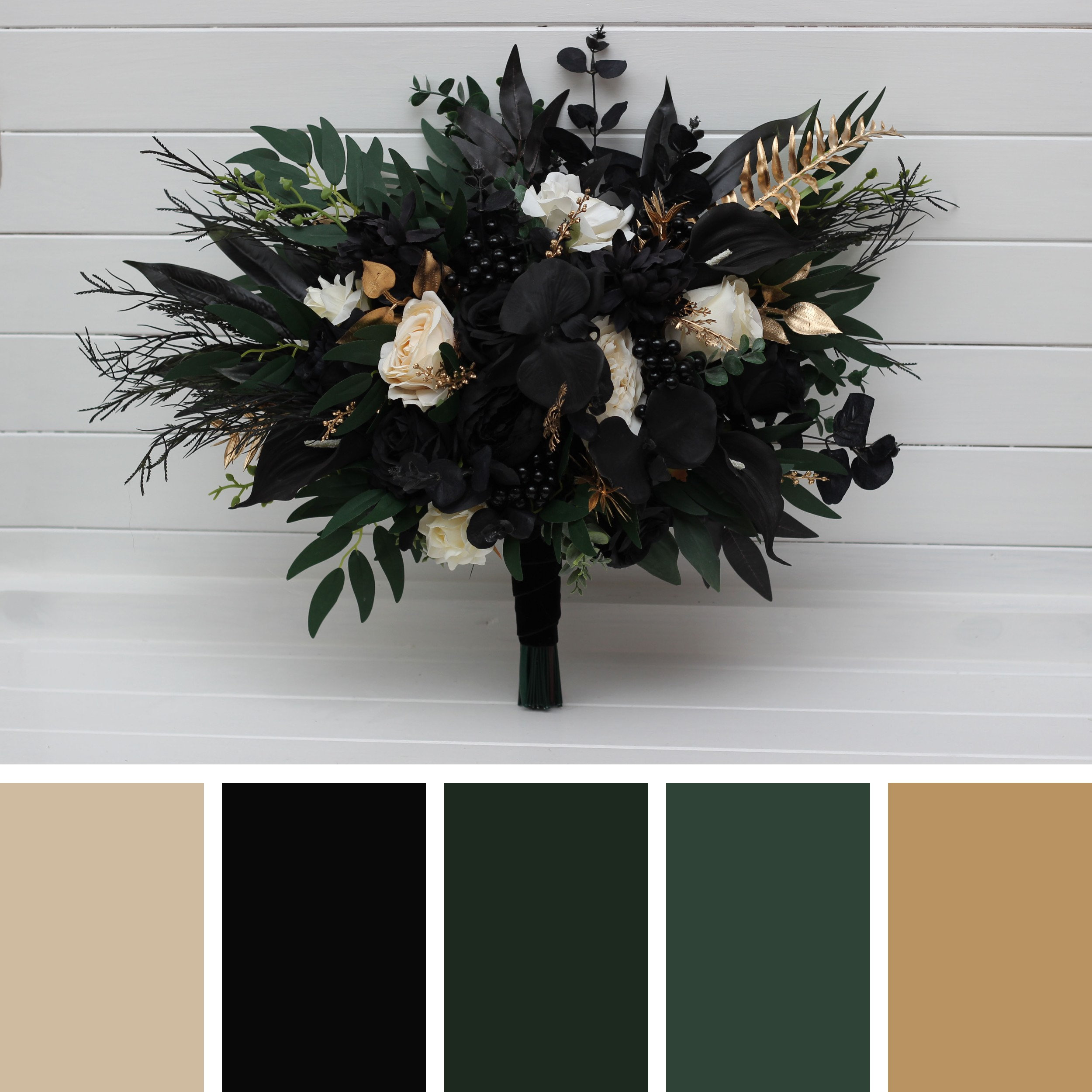 Hunter Green Ivory Black Gold Bridal Bouquet Halloween Wedding Boho Hunter Green Ivory Black Gold Bridal Bouquet Halloween Wedding Boho