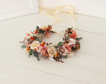 Dusty orange cream floral crown Flower wreath Wedding headpiece Fall wedding Bridal hairpiece Bridesmaid crown Maternity crown-0002