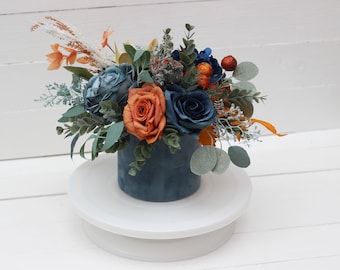 Dark teal rust centerpiece Navy blue orange flowers Fall wedding Boho wedding Table centerpiece Home floral decor Flowers in box