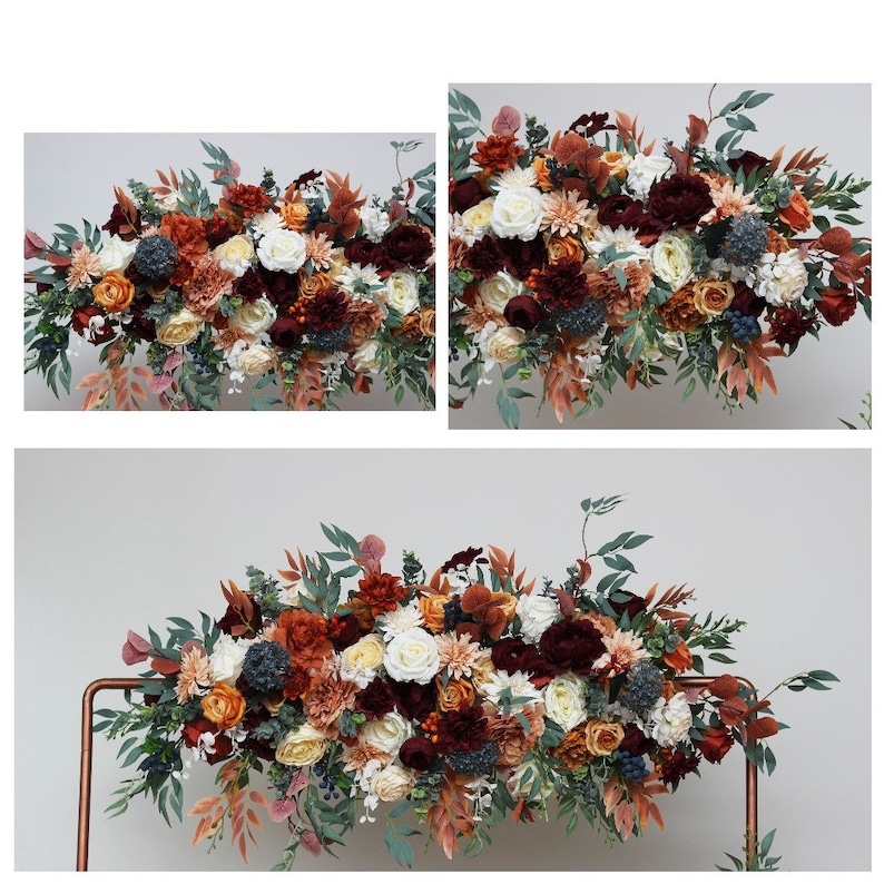 Rust burgundy flowers Flower arch arrangement Wedding corner swag Faux flowers wedding arrangement Orange burgundy fall wedding image 10