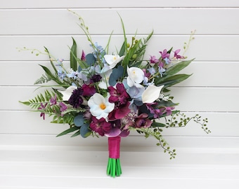 Exotic wedding bouquet White blue magenta  purple flowers Beach wedding Exotic wedding Orchid calla lily bouquet Bridal bouquet