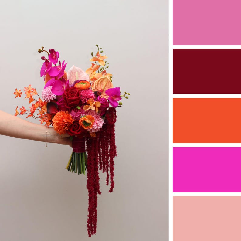 Pink Orange Amd Red Rosed Asymmetrical Bridal Bouquet in Orange, Pink, Red & Magenta With ...