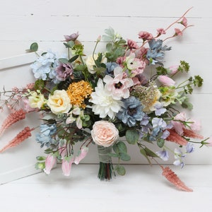 Spring summer wedding Wildflowers bouquet Pink yellow dusty blue flowers Faux bouquet Bridal bouquet Silk flowers Boho wedding-size 18 inch