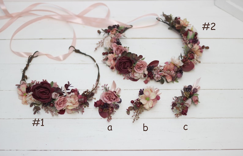 Burgundy dusty rose wedding crown Floral accessories Mommy and me Bridal hairpiece Flower girl headband Boho wedding Bridesmaid hairs