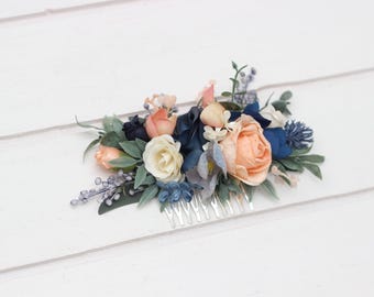 Navy Blue, Ivory & Coral Hair Comb, Bridal Flowers