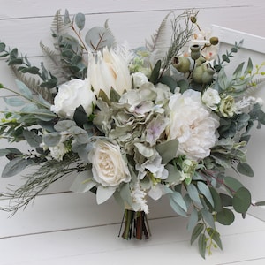 Sage green ivory protea bouquet Bridal orchid peony bouquet Faux bouquet Classic wedding Wedding flowers Faux blooms Boho wedding