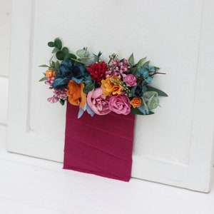 Pocket boutonniere Jewel-tone wedding Emerald green orange magenta teal flowers Boutonniere Buttonhole Wedding flowers Groom Groomsmen