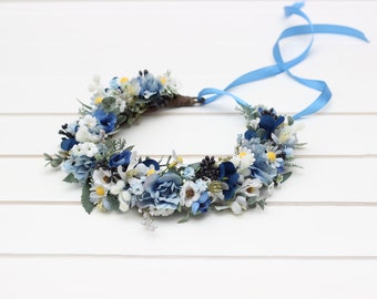 Dusty blue wedding Navy blue white floral crown Flower girl Wildflowers crown Bridal flower crown Daisies hair wreath