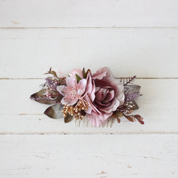 Dusty rose blush pink comb Vintage style gold wedding Floral headpiece Boho wedding hair flowers