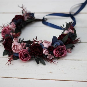 Navy Blue Burgundy Flower Crown Bridal Headpiece Burgundy Wedding