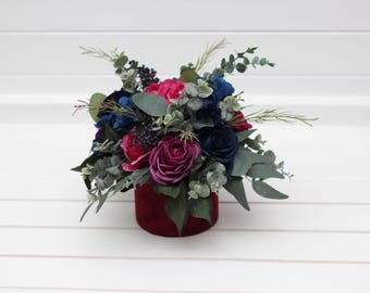 Jewel-Tone Floral Centerpiece in Velvet Box-Navy Blue, Magenta, Fuchsia, Purple & Emerald Green