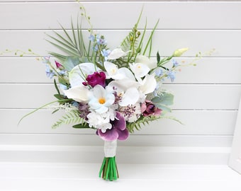 Exotic wedding bouquet White blue magenta flowers Beach wedding Exotic wedding Orchid calla lily bouquet Bridal bouquet